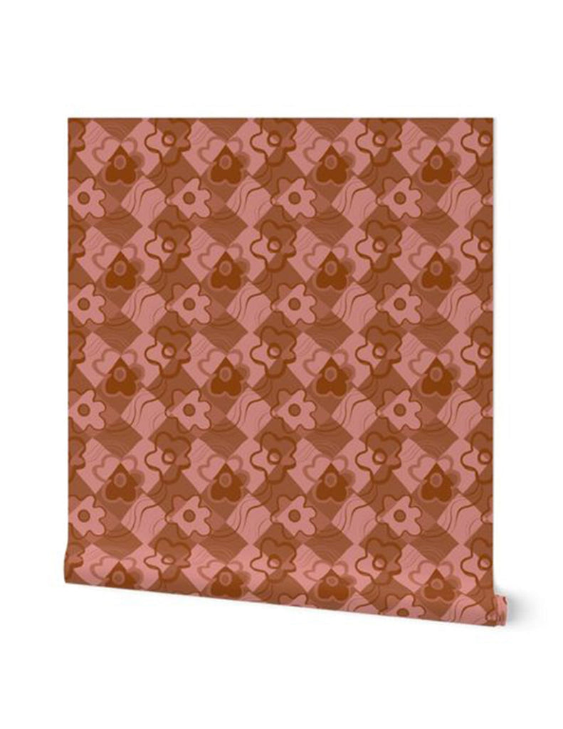 Check Floral -  Wallpaper - Mauve & Brown