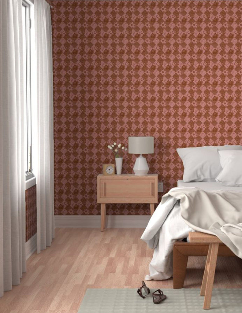 Check Floral -  Wallpaper - Mauve & Brown