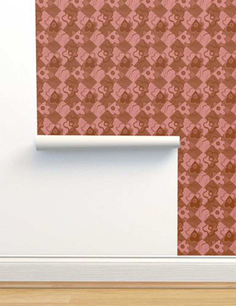 Check Floral -  Wallpaper - Mauve & Brown