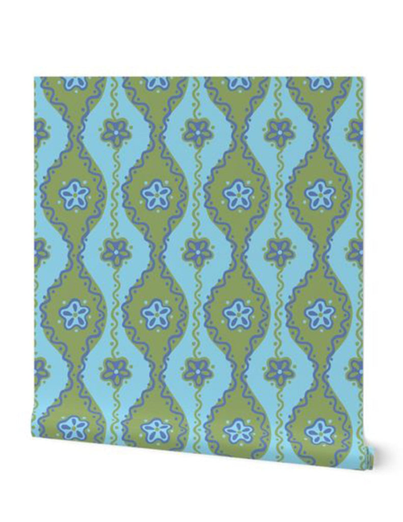 Folk Floral -  Wallpaper - Blue & Green