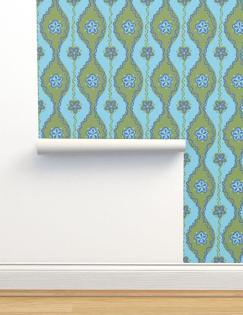 Folk Floral -  Wallpaper - Blue & Green