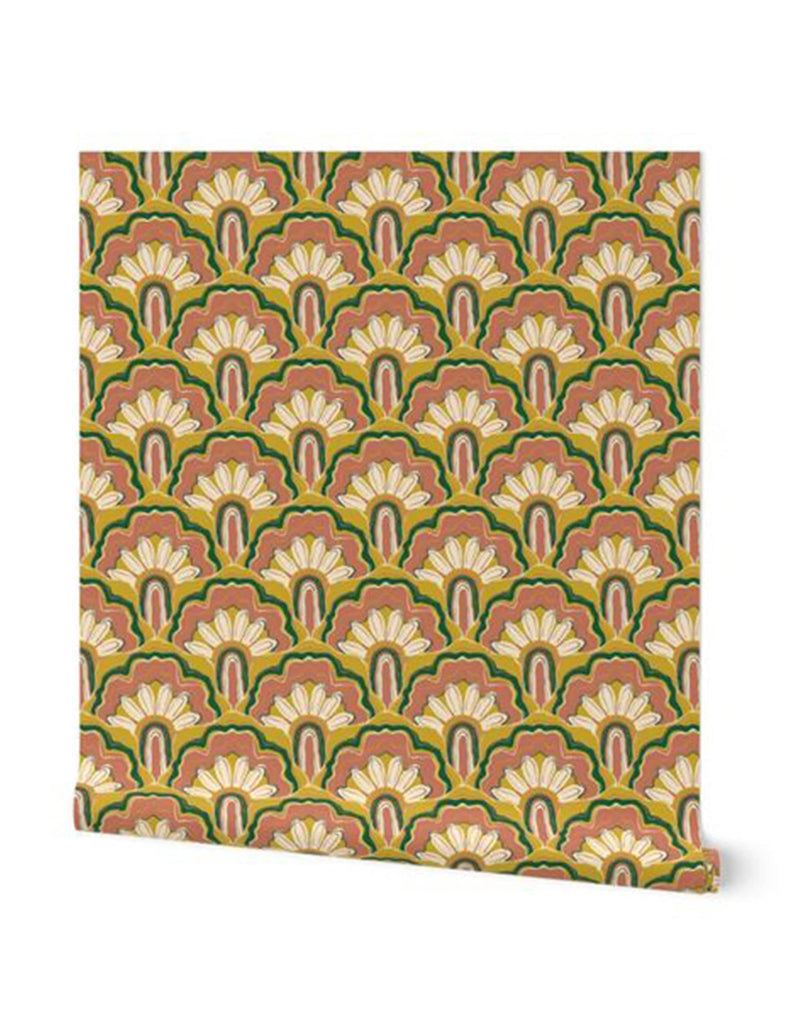 Deco Peacock -  Wallpaper - Coral, Pink & Green