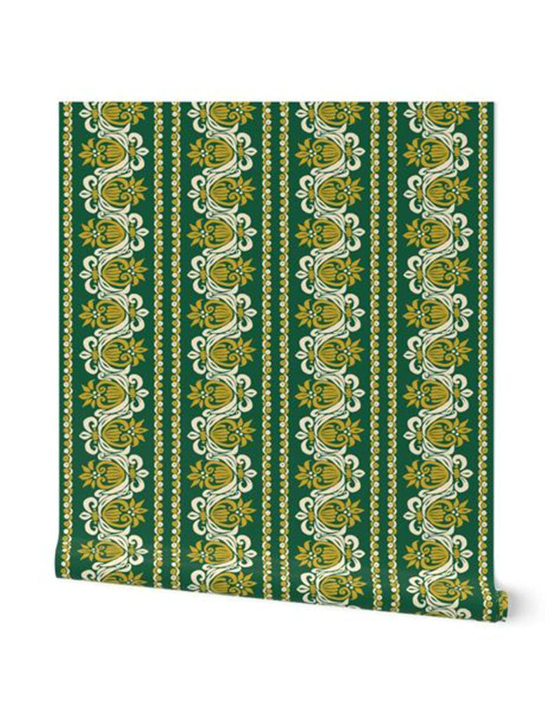 Funky Fluer De Lis -  Wallpaper - Green & Gold