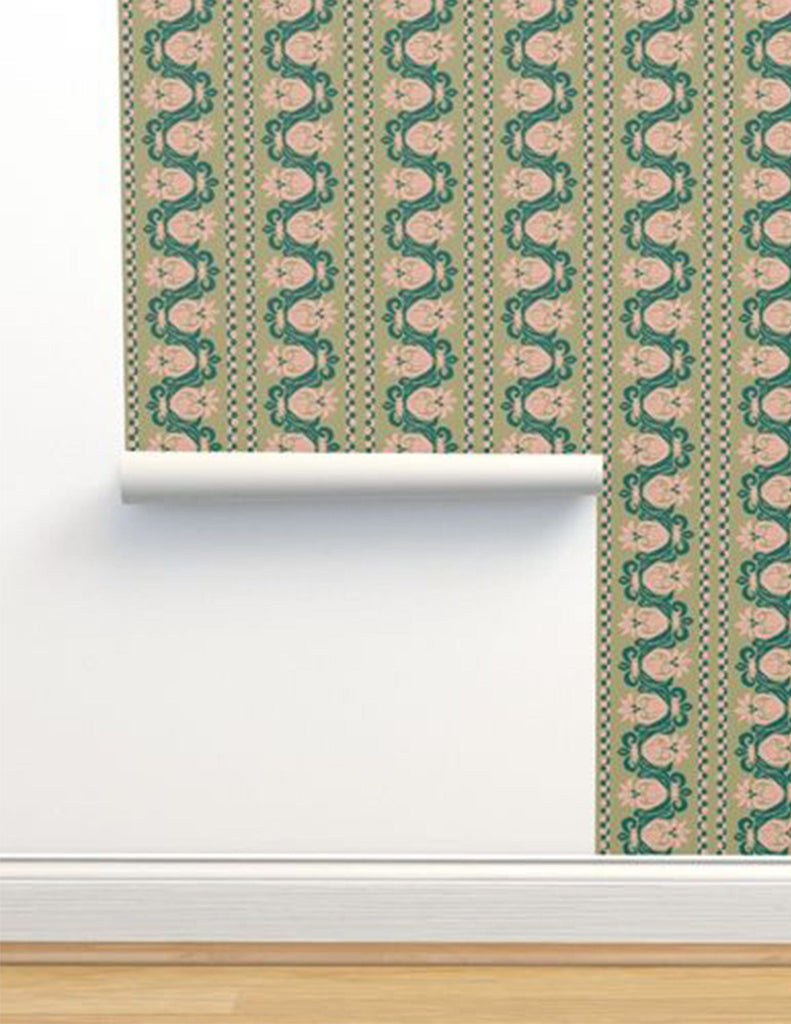 Funky Fluer De Lis -  Wallpaper - Green & Gold