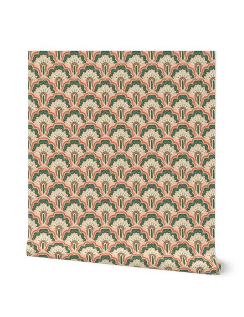 Deco Peacock -  Wallpaper - Coral, Pink & Green